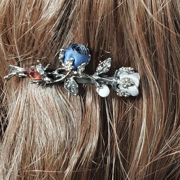 Dark Blue & Gray-Blue Silk Petite Roses Barrette - Pearl - Garnet… - Picture 4 of 10